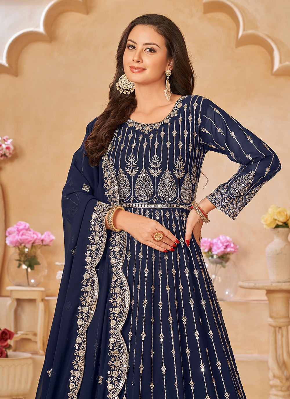 Heavy gown long sleeve navy blue georgette gown for women