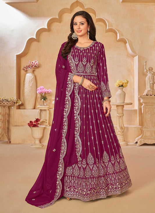 Long sleeve rani pink georgette gown for women