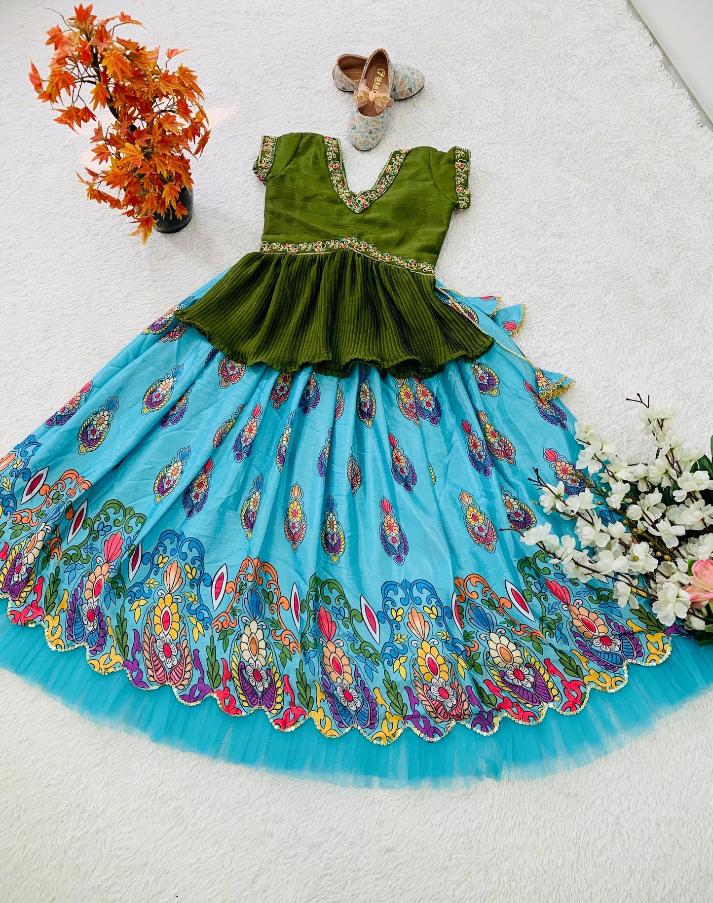 Sky color chinon silk printed lehenga with top