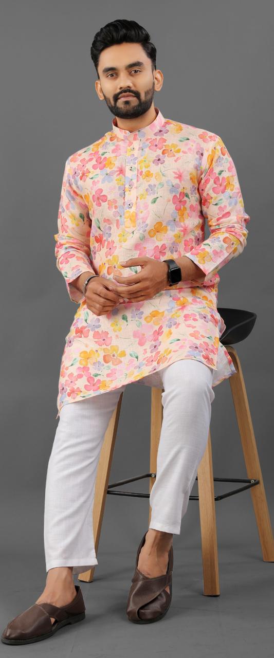 Pink color linen men's readymade kurta price