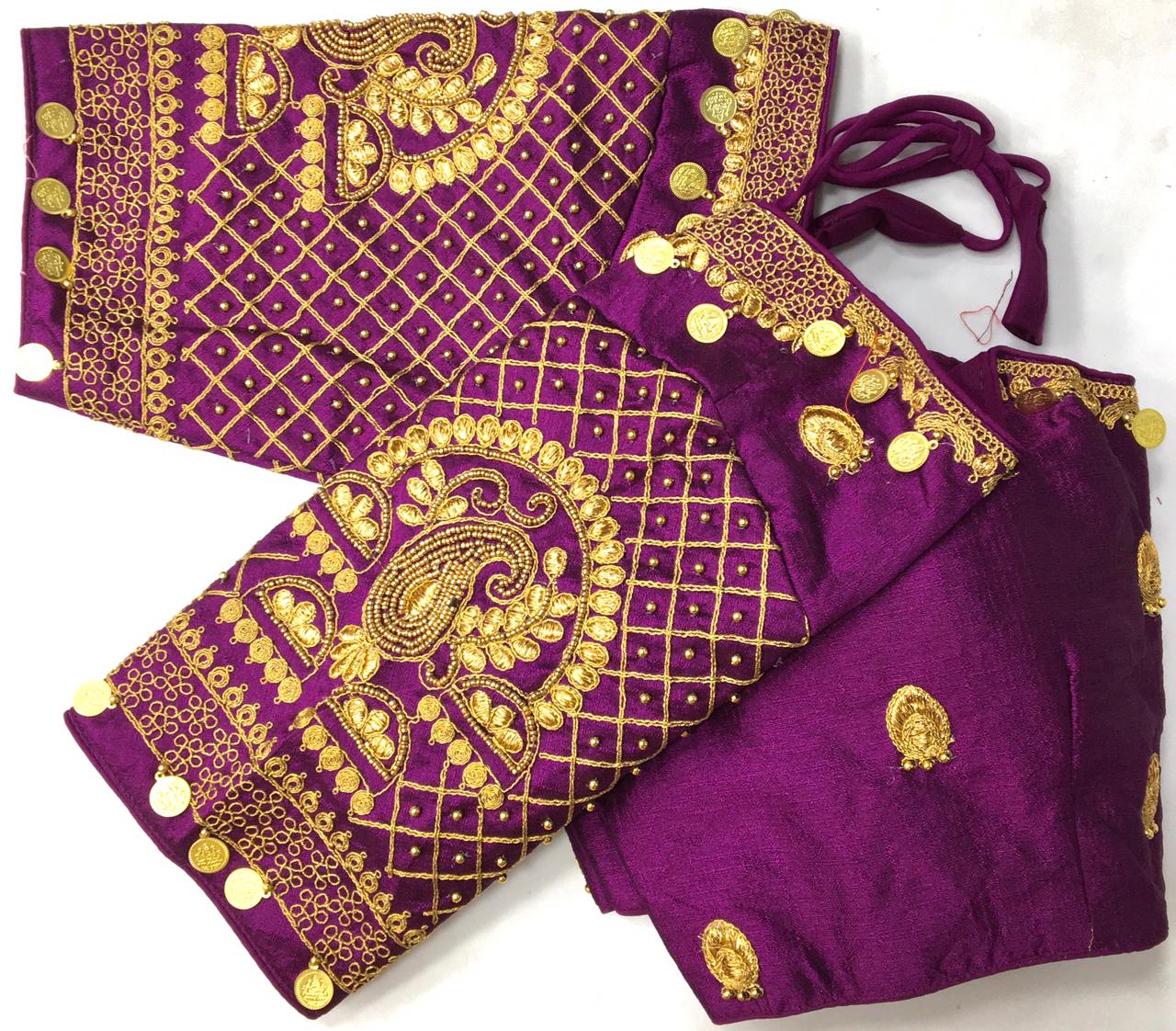 Wine color silk codding work sarees blouse design