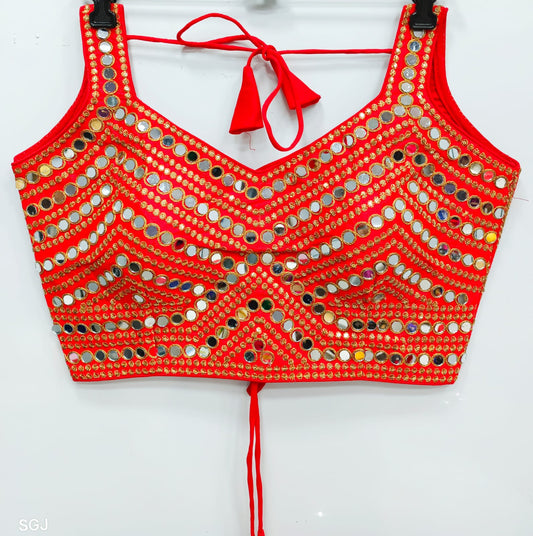 Red color silk embroidery work mirror work blouse for wedding