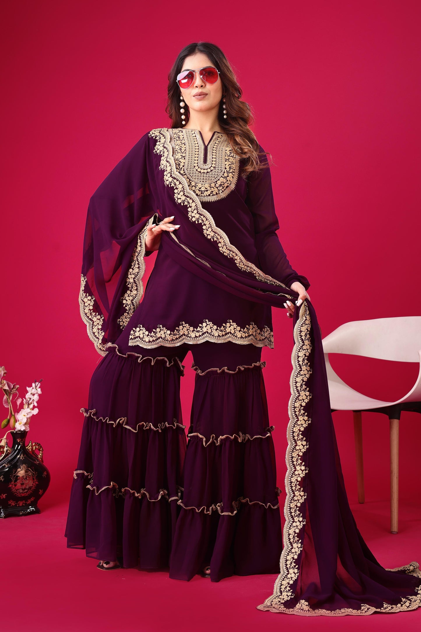 Wine color georgette salwar suit for women with dupatta