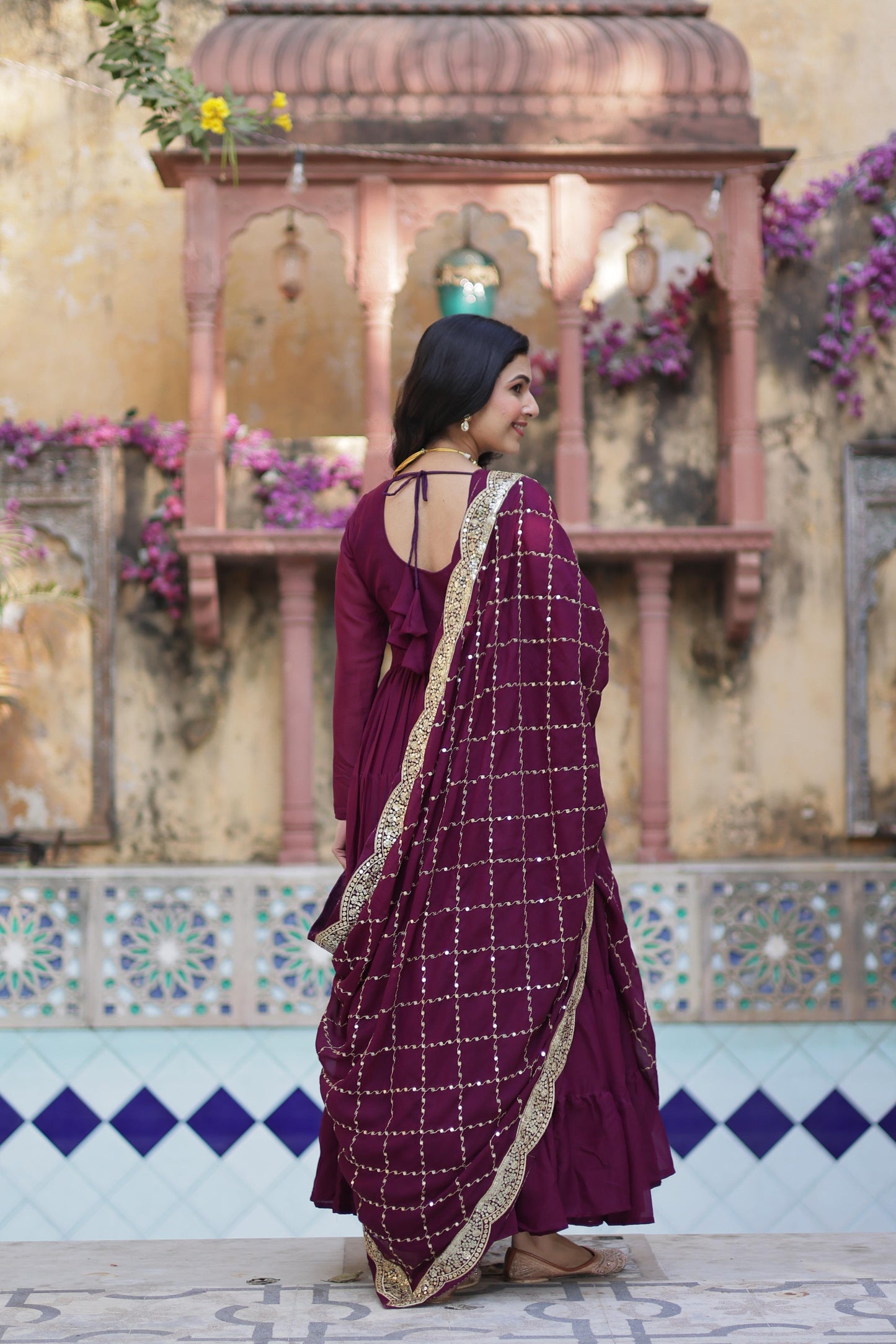 Wine color georgette long gown images
