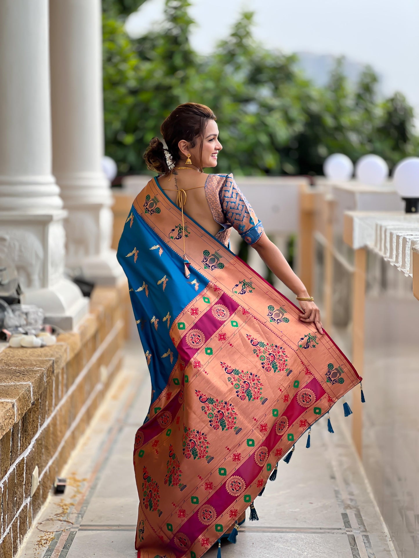 Rama color paithani silk saree images