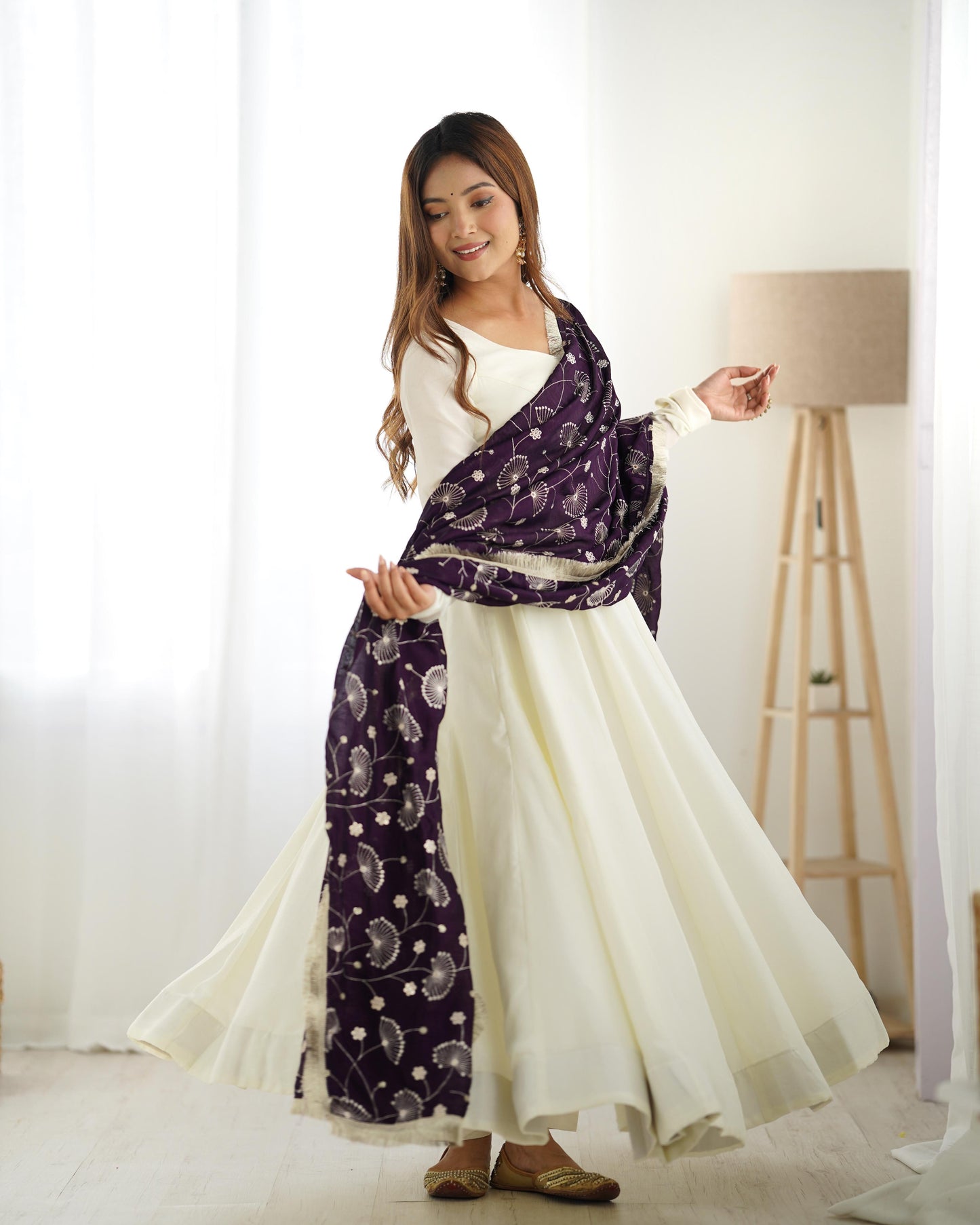 Purple color vichitra silk gown images