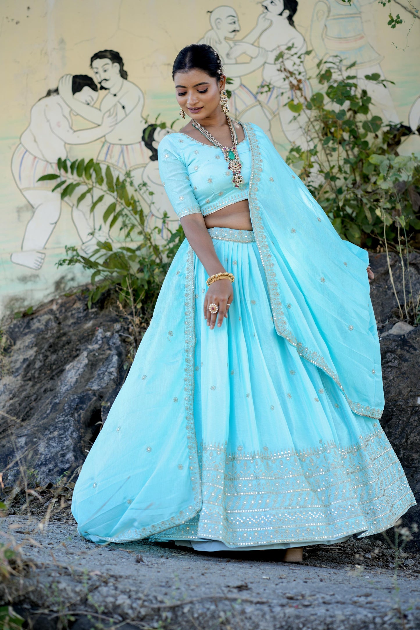 Sky color chinon lehenga choli with dupatta online
