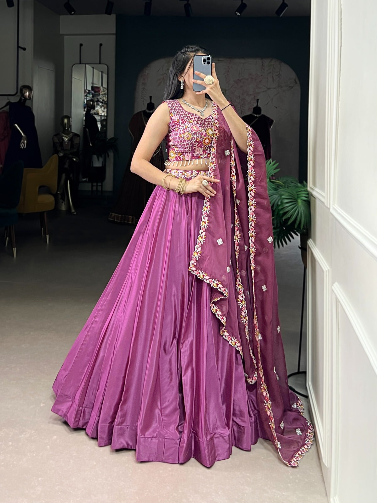 Pink color slub silk lehenga choli