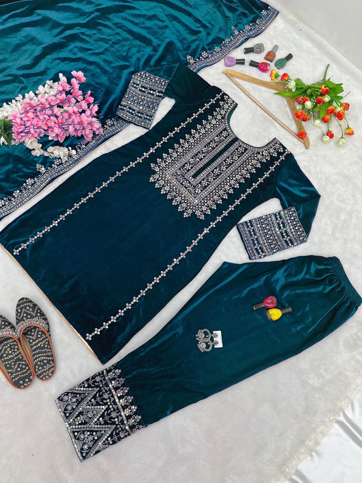Rama color viscose velvet salwar suit with dupatta online