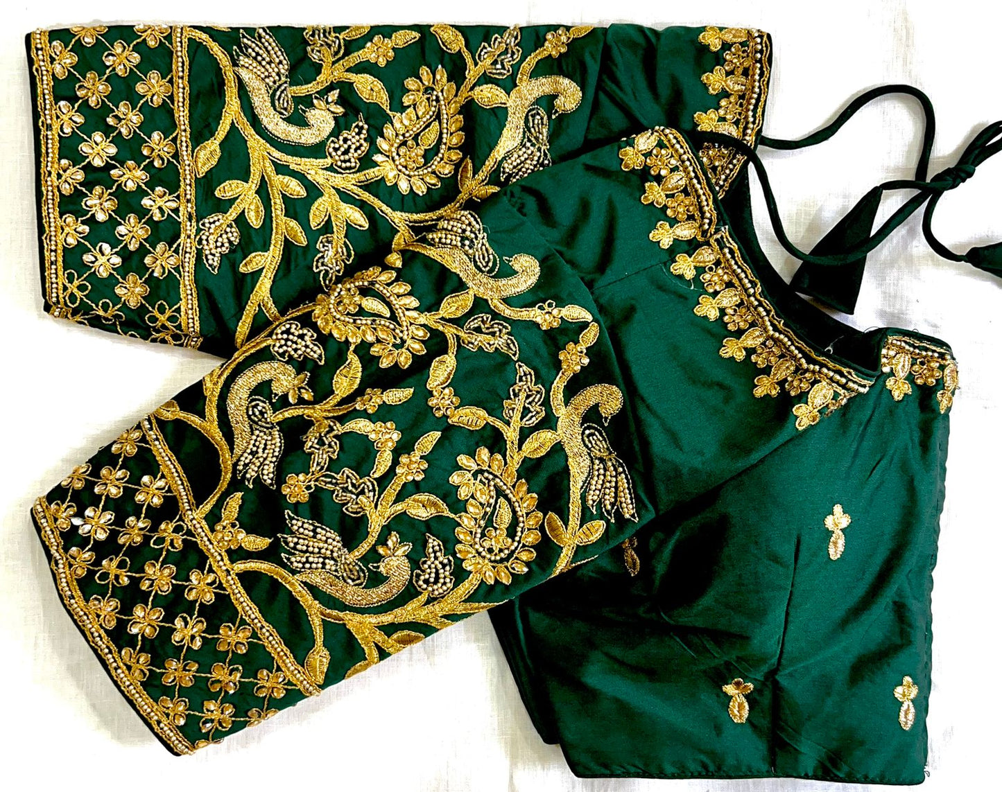 Dark green color banarasi silk saree blouse for wedding