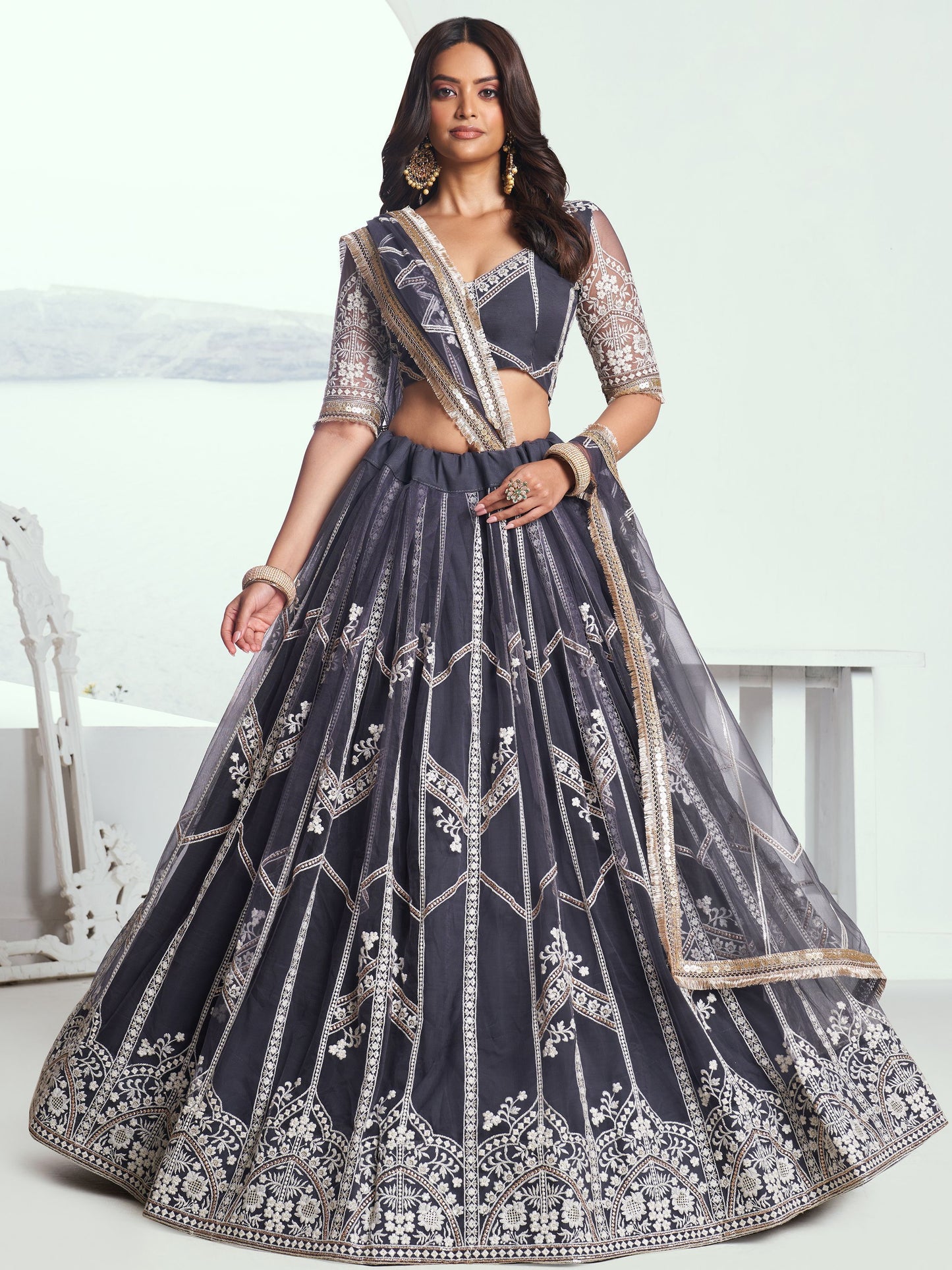 Dark grey colour lehenga for women