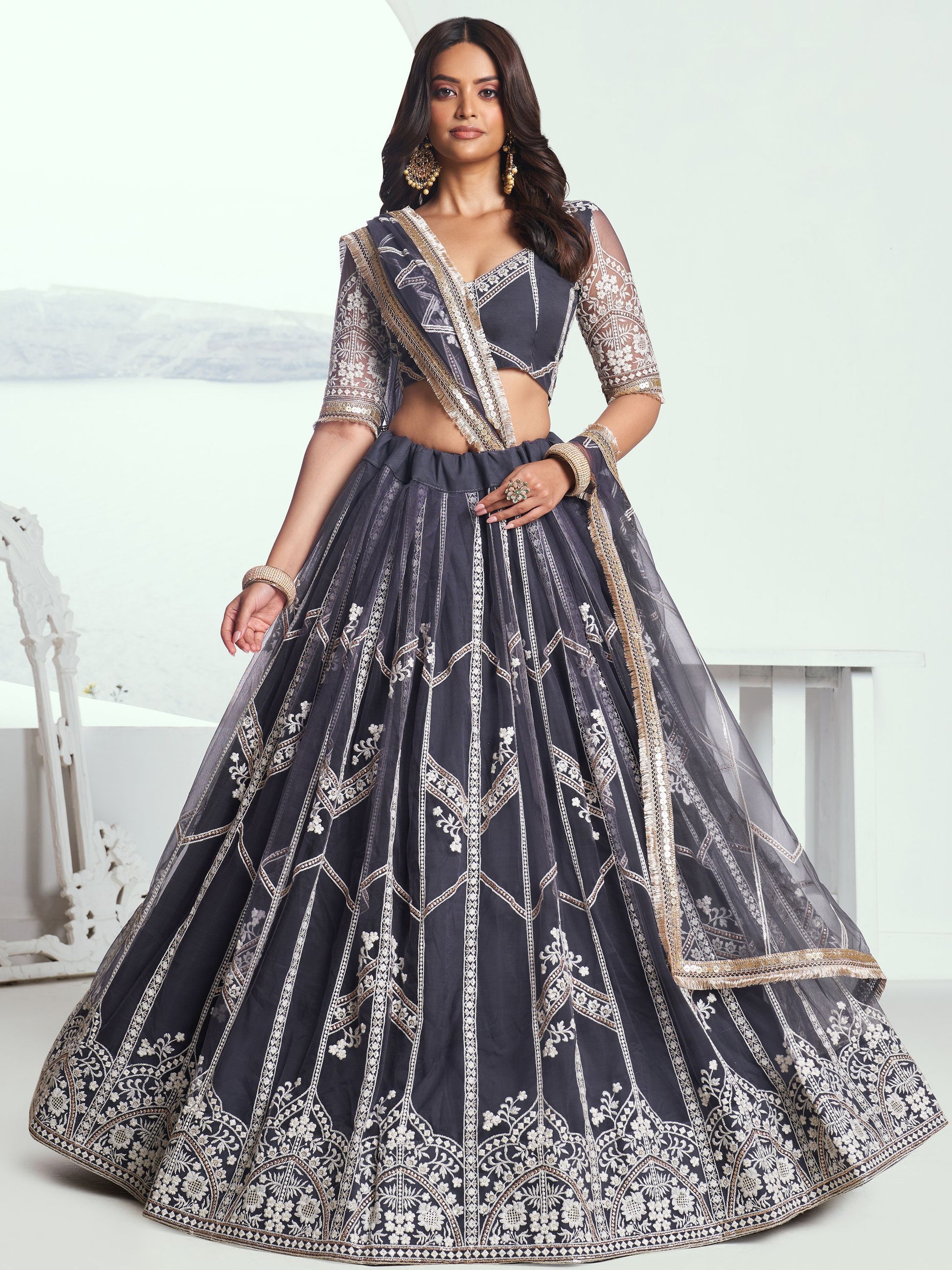 Dark grey colour lehenga for women