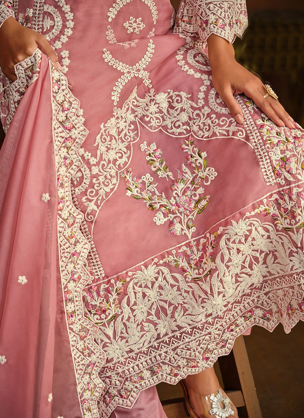 Sequins work Light pink salwar suit party wear with dupatta