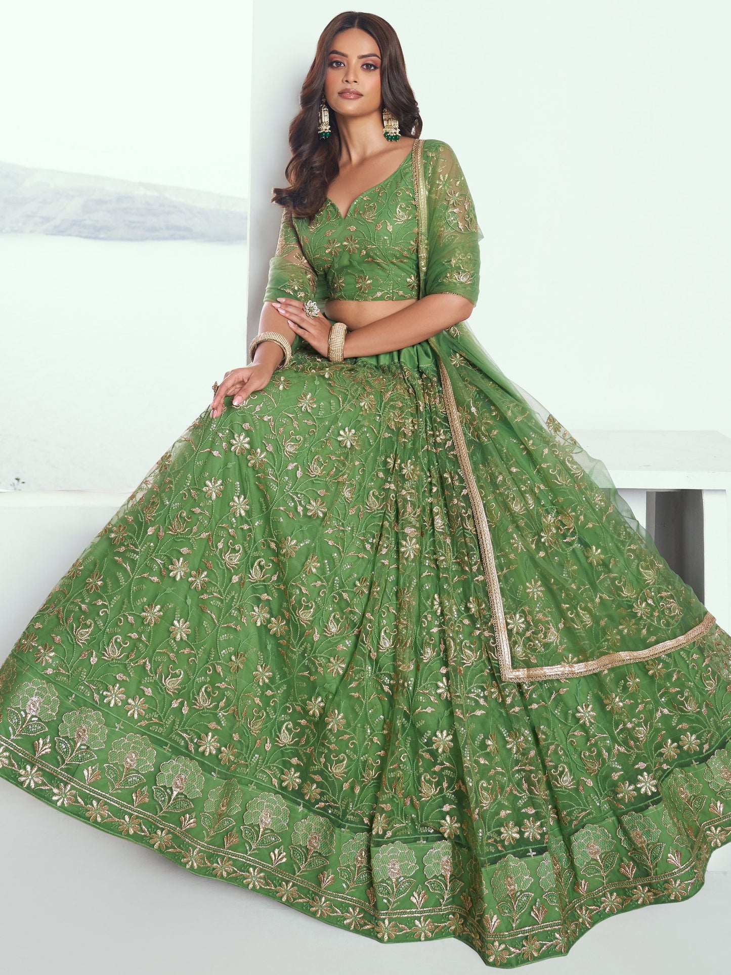 Simple green net lehenga choli for women