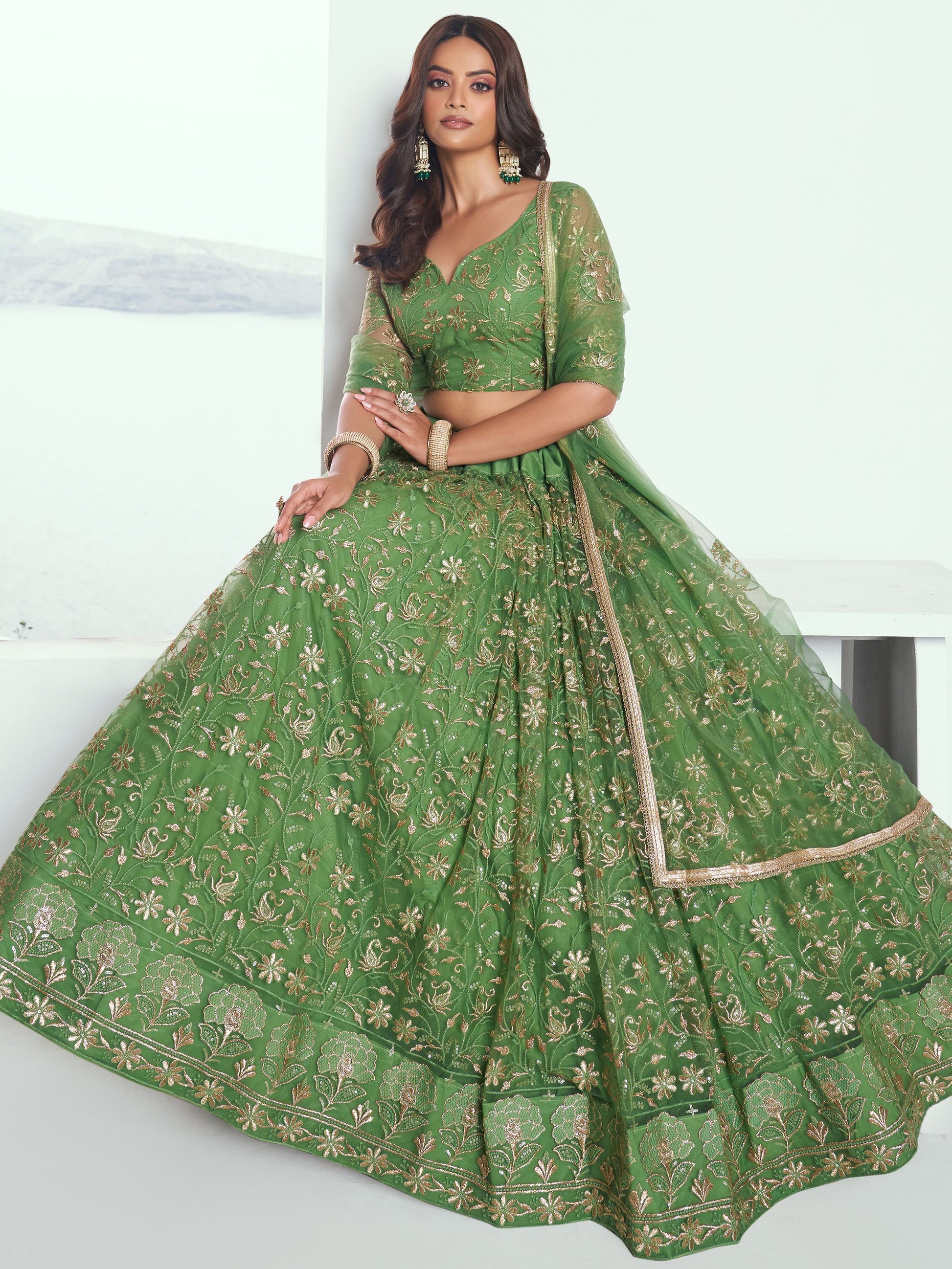 Simple green net lehenga choli for women