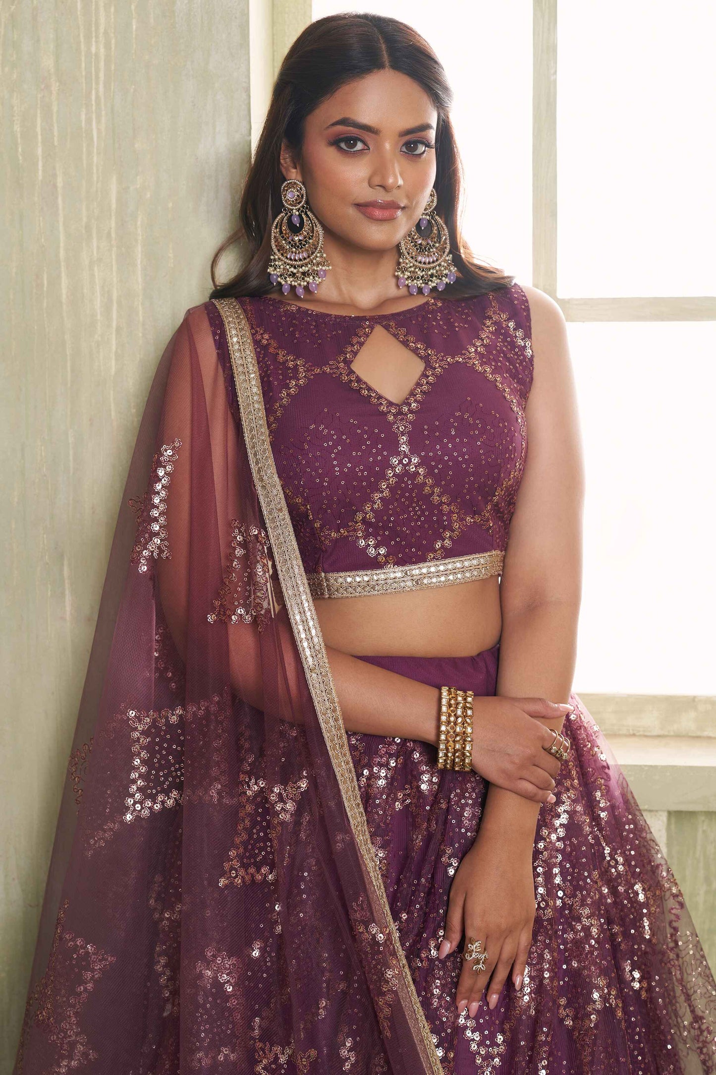 Wine color butterfly net lehenga choli online