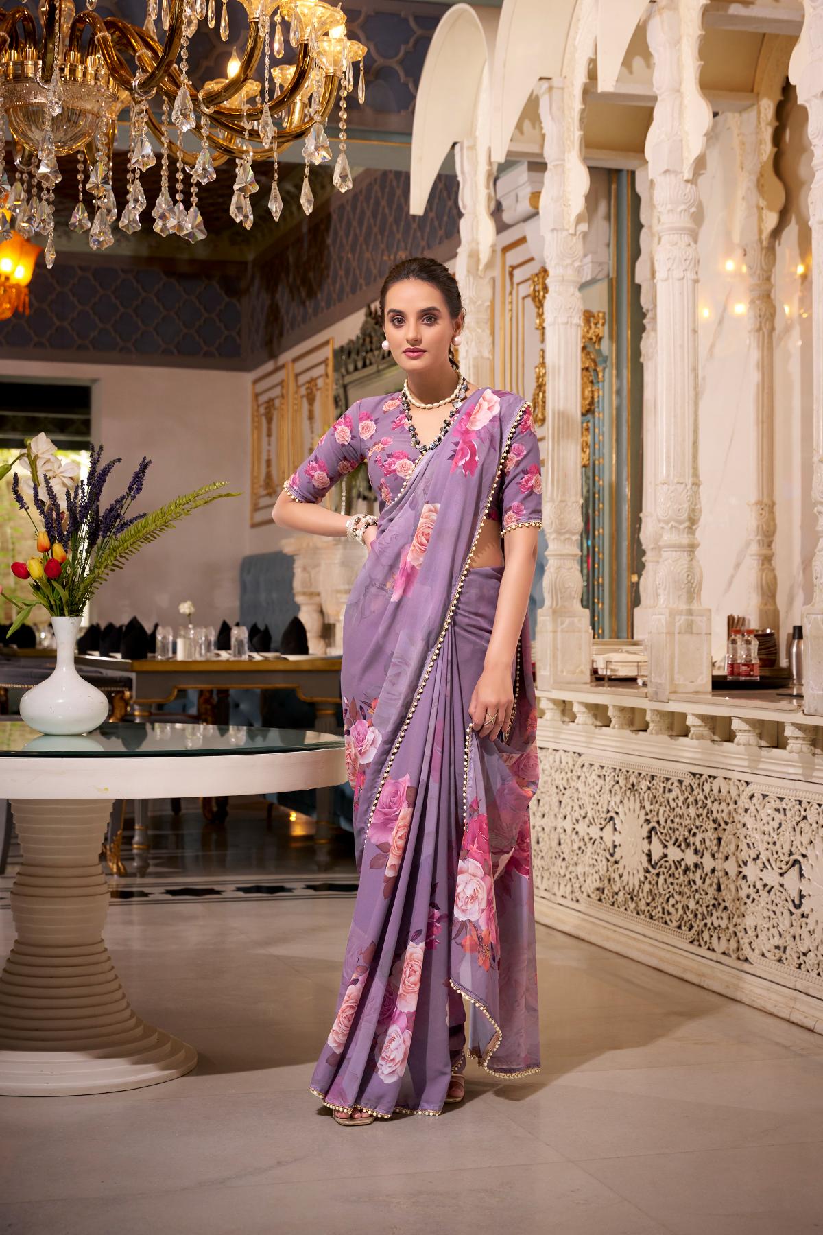 Purple georgette saree with online shopping