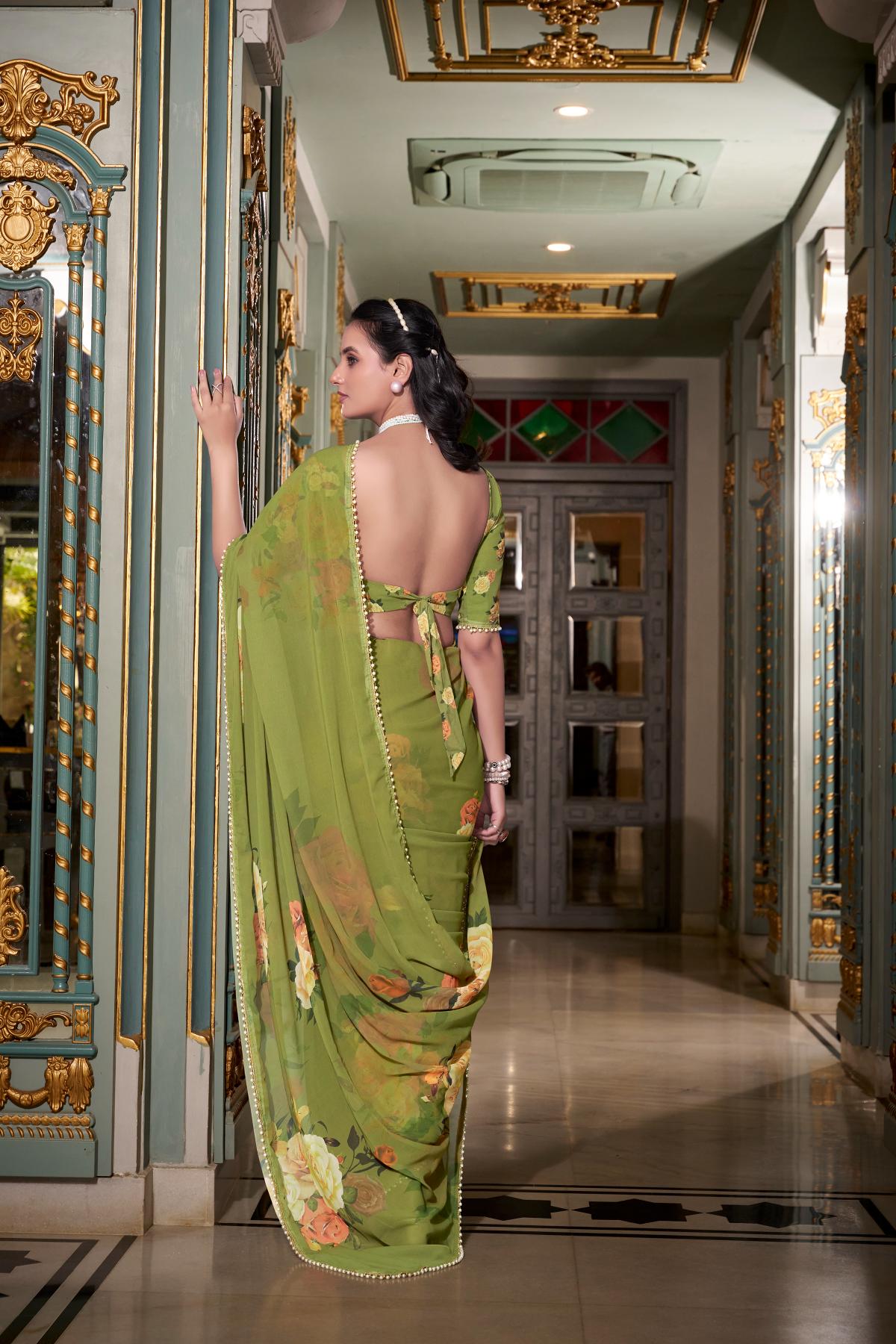 Mehendi color georgette saree with online shopping