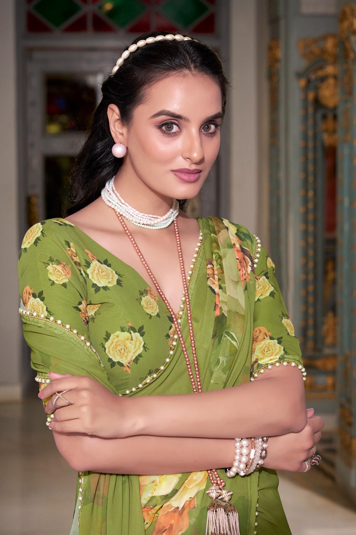 Mehendi color georgette saree for party