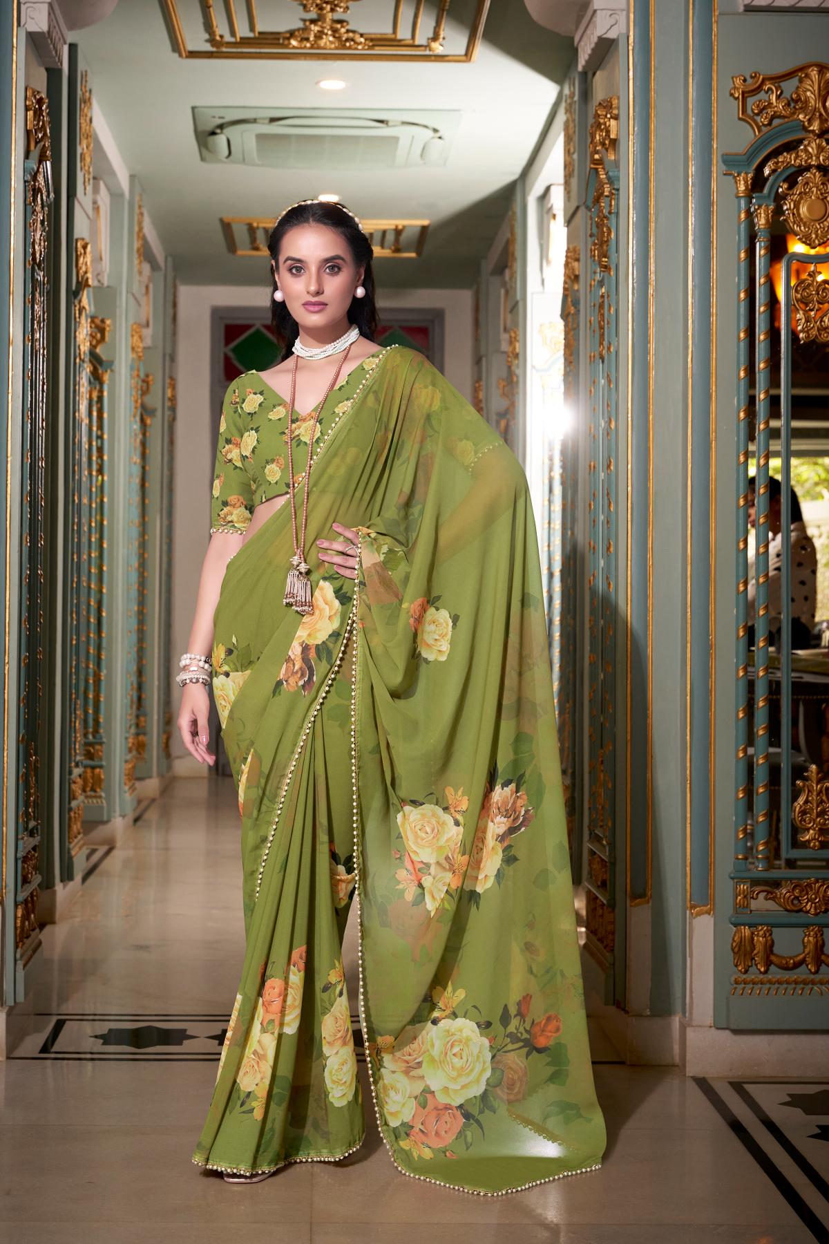 Wedding wear mehendi color saree for party