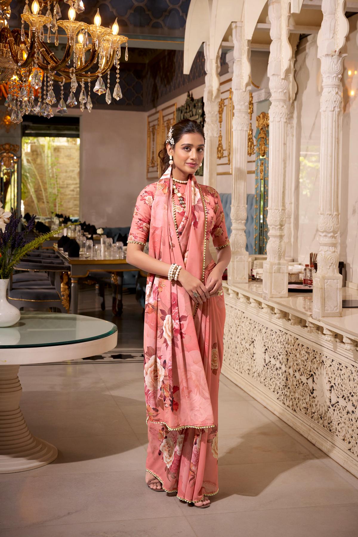 Orange printed saree with blouse