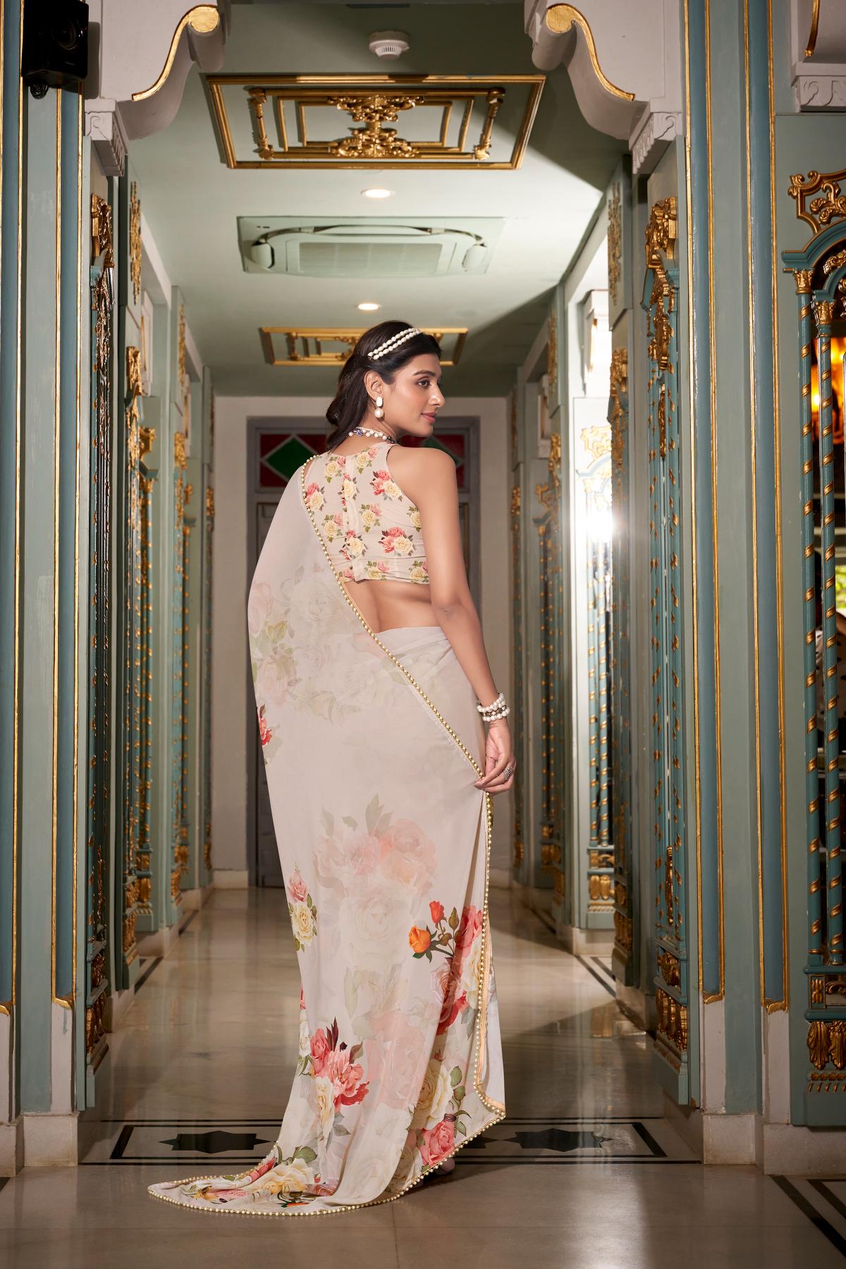Off white georgette saree for wedding