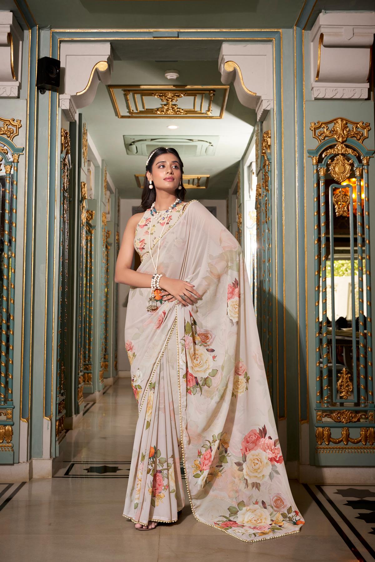 Off white georgette saree for women