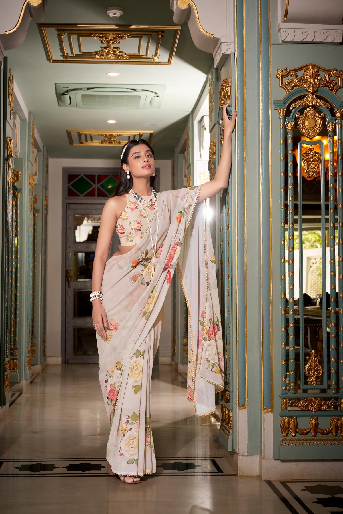 Party wear off white color saree with online