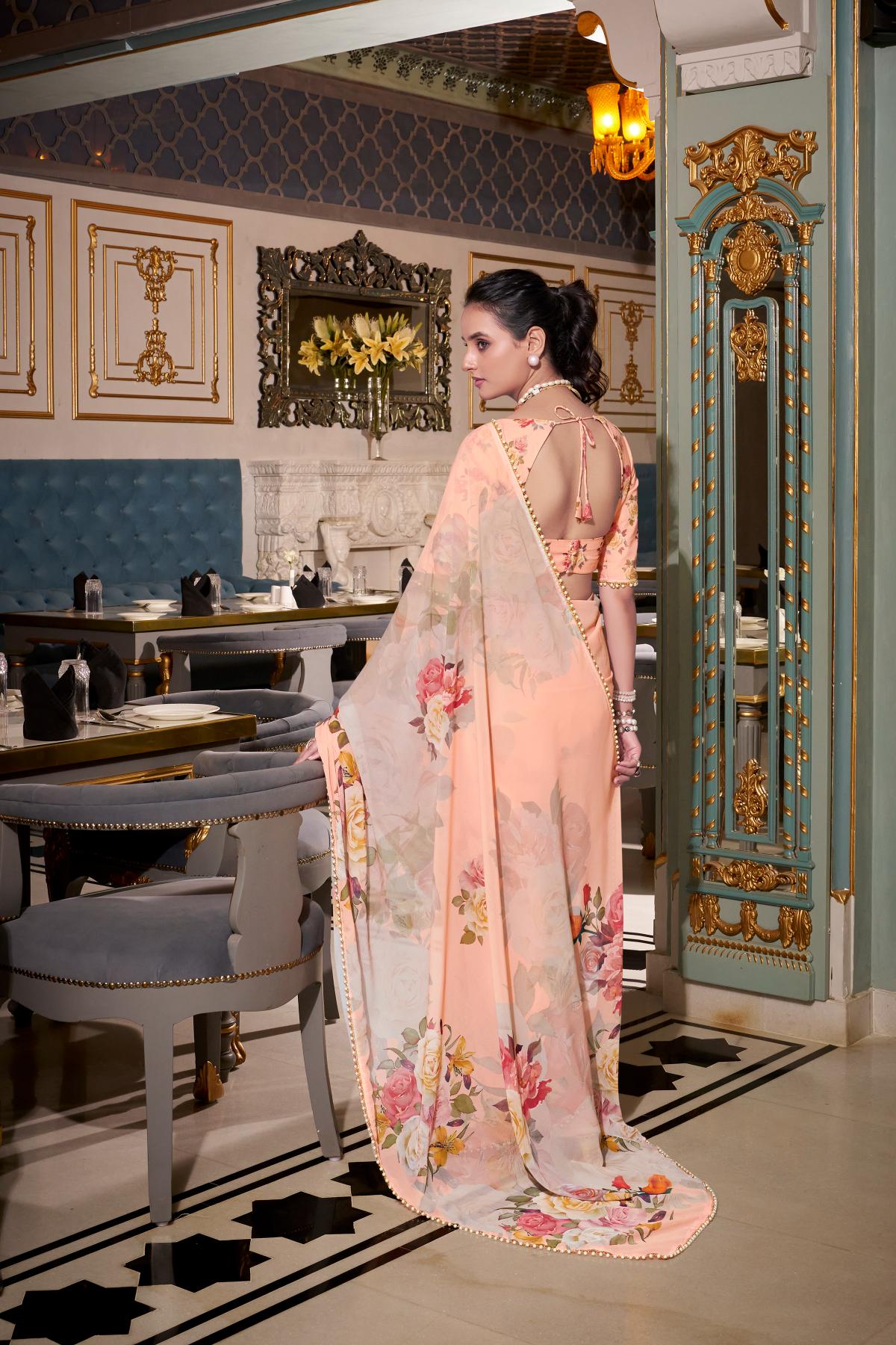 Party wear peach georgette saree in USA