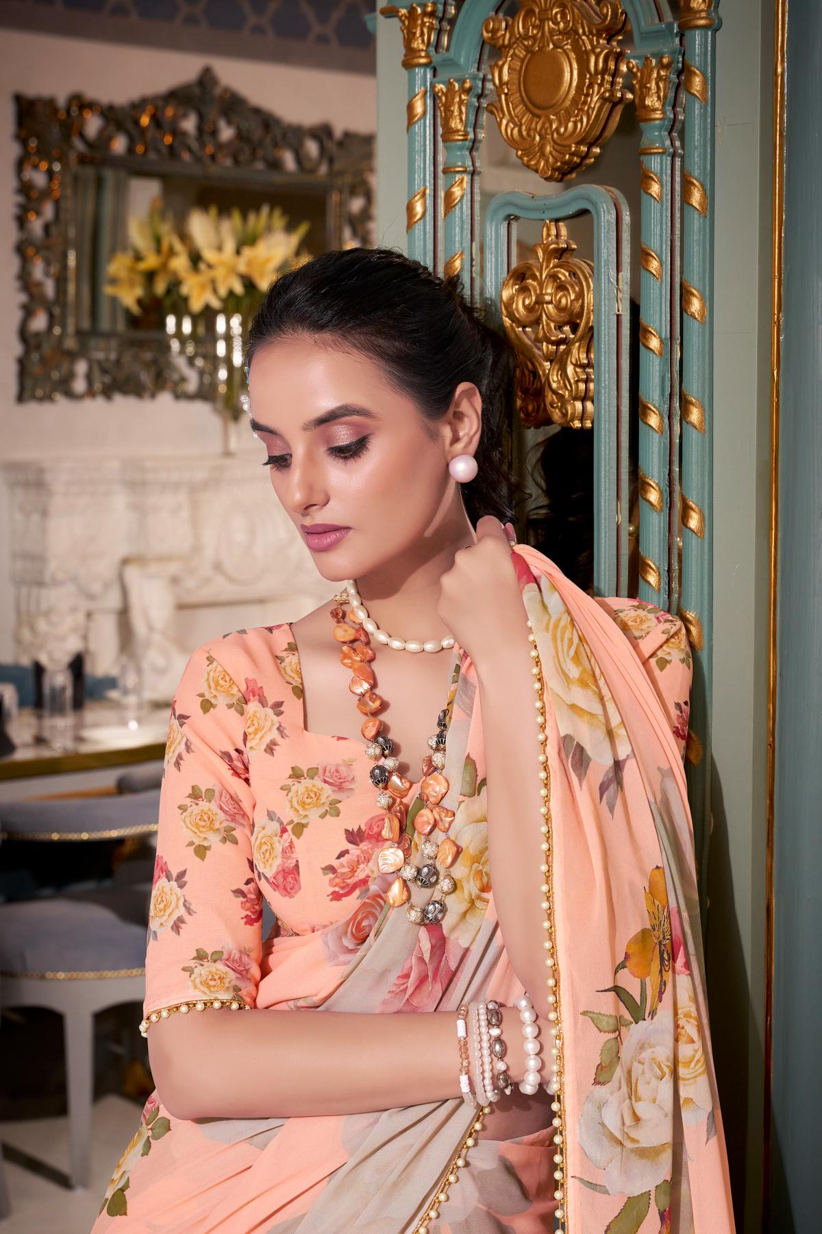 Peach georgette floral design sarees