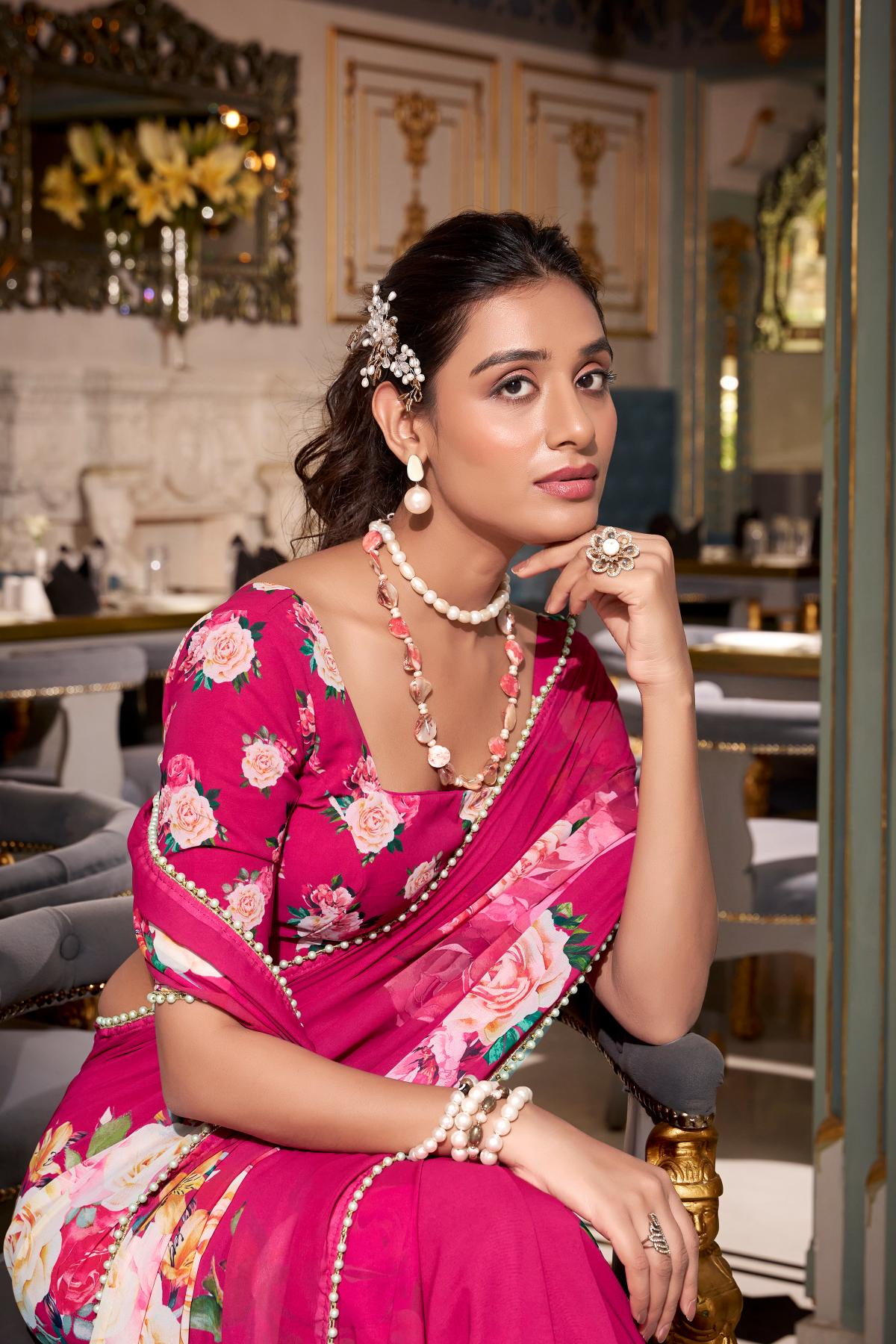Floral design pink saree with blouse