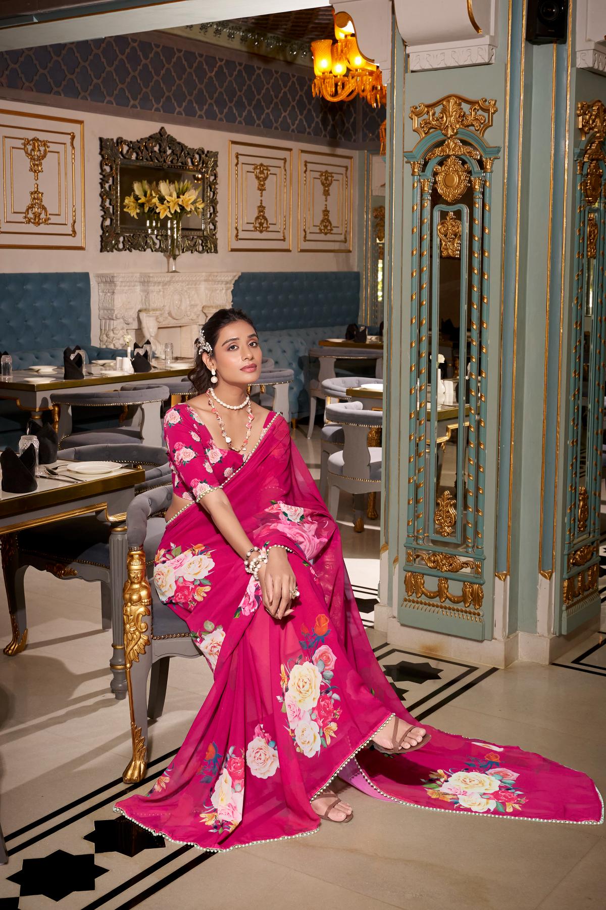 Pink color georgette saree with blouse