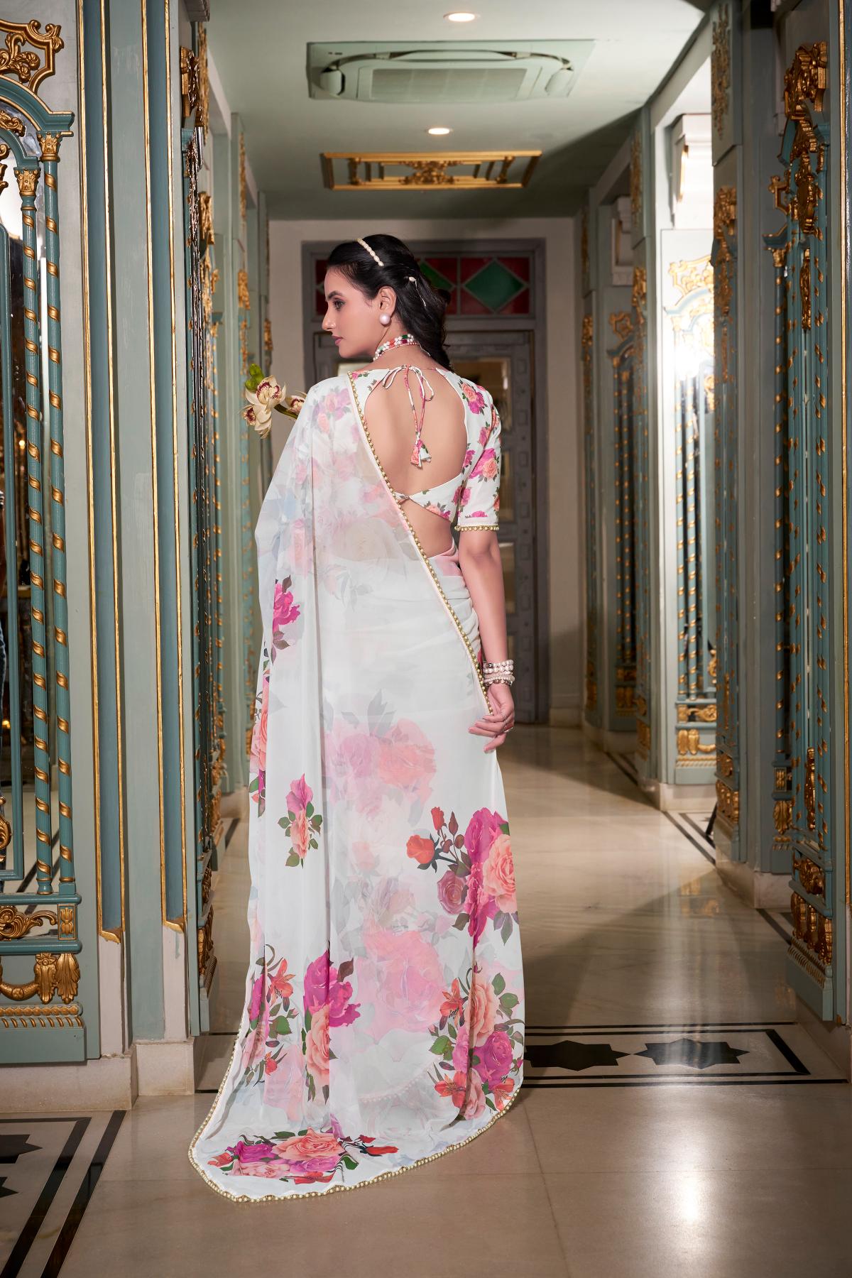 Floral printed white color saree
