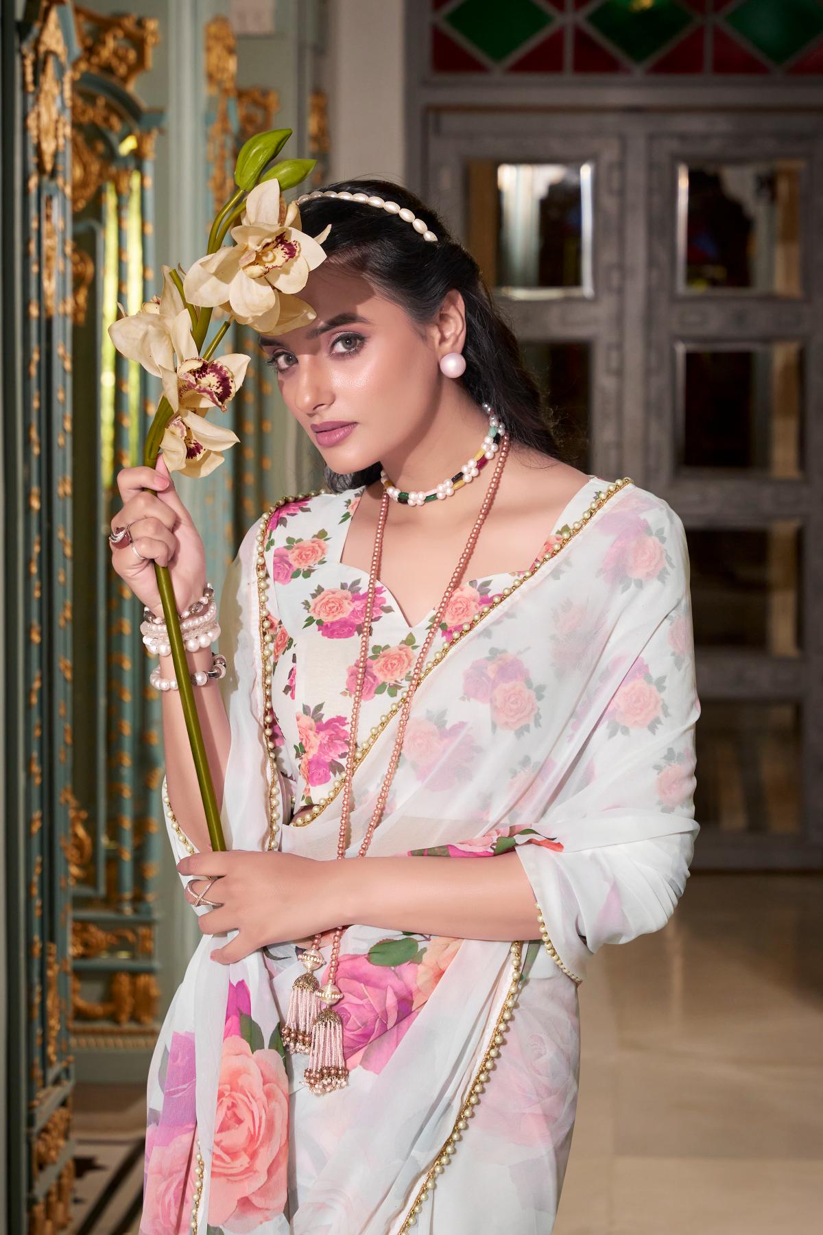 Floral printed white georgette sarees