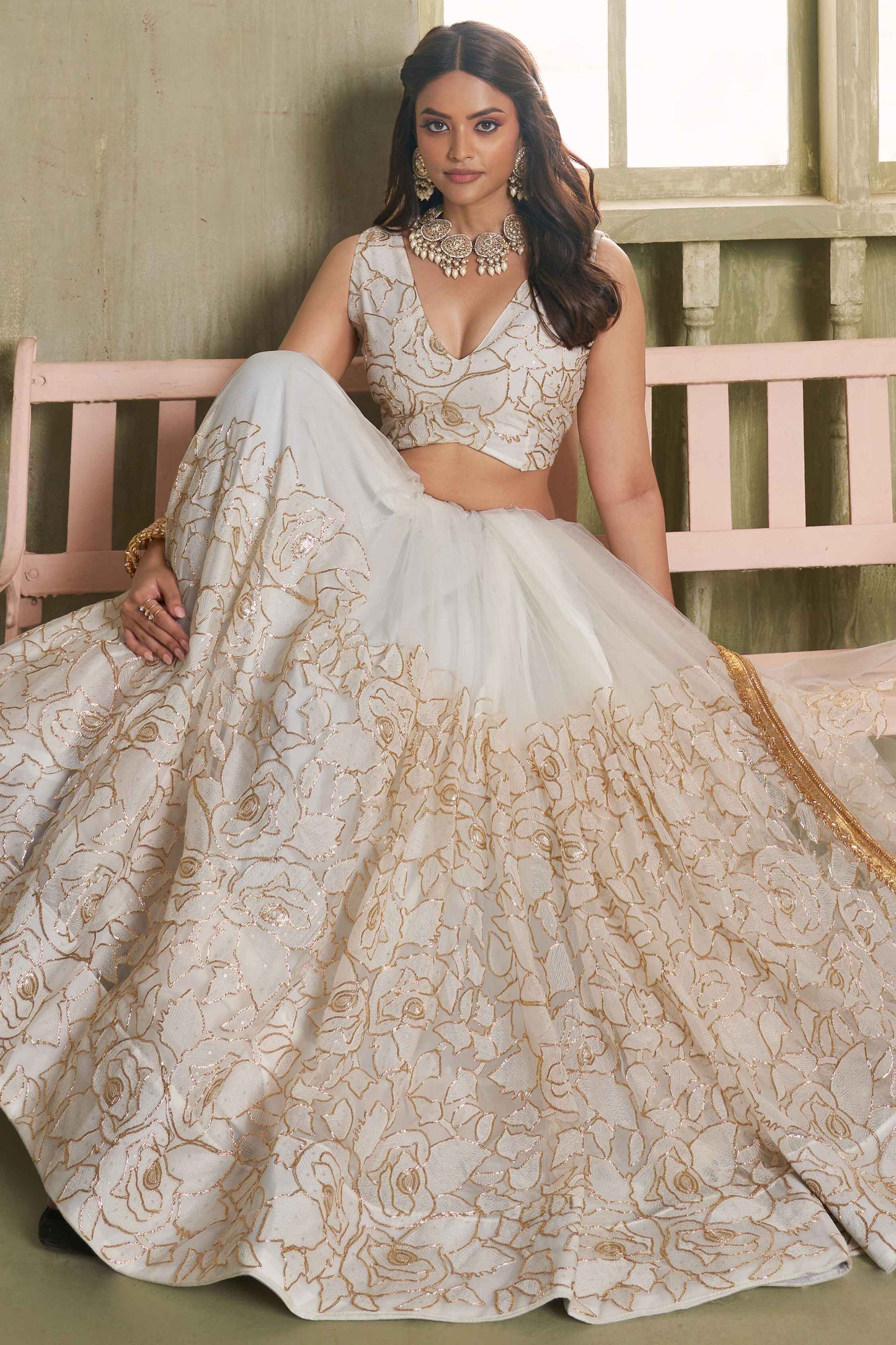 Off white color butterfly net lehenga choli with dupatta