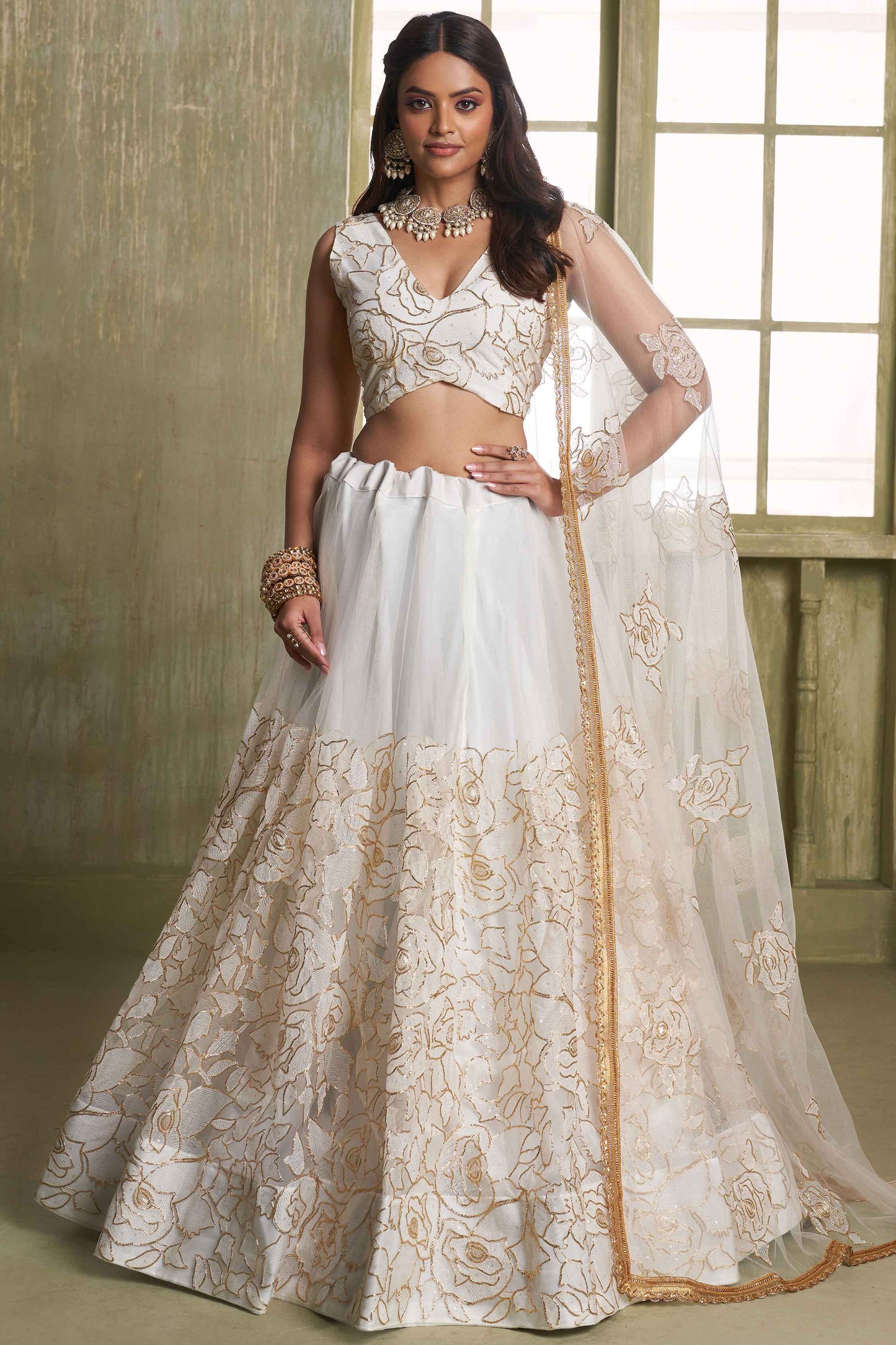 Off white color butterfly net lehenga choli for women