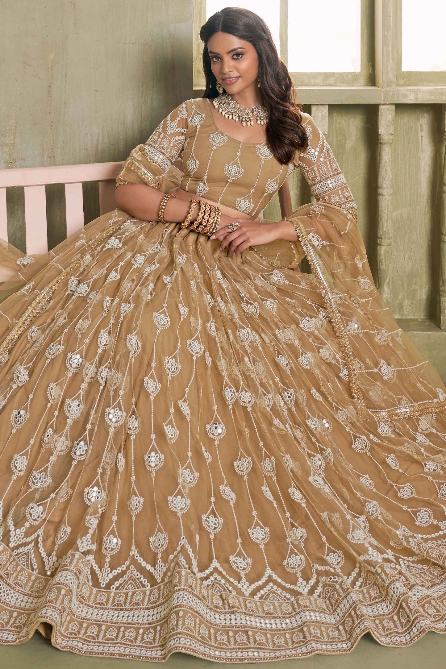 Chiku color butterfly net lehenga choli online shopping