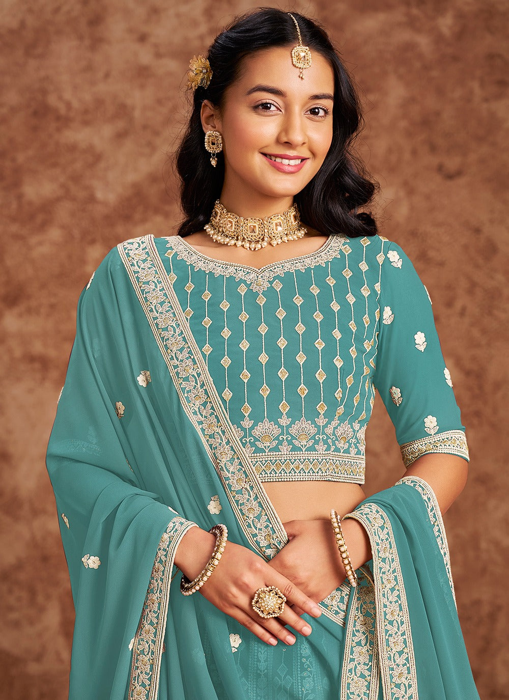 Rama color georgette lehenga choli with dupatta