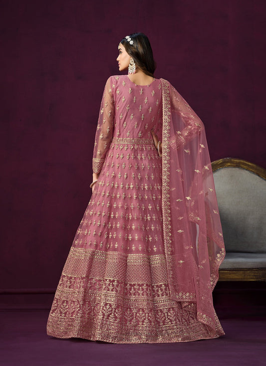 Peach color soft net long gown images