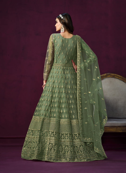 Green color sequins work anarkali gown online