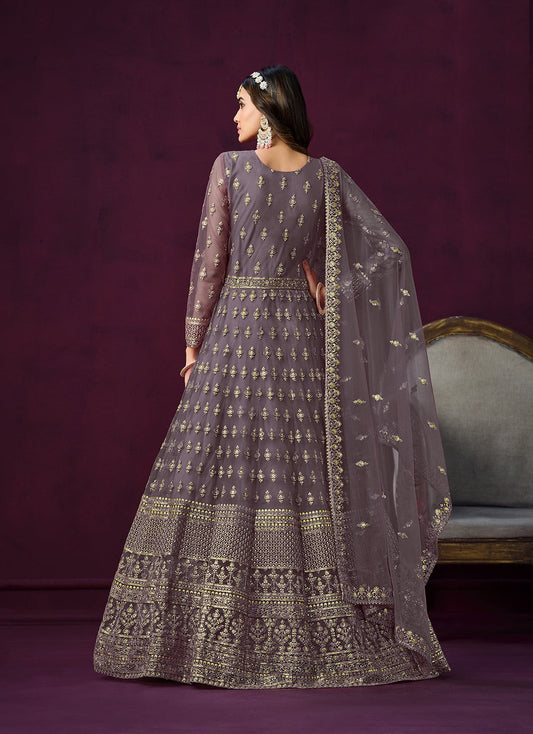 Mauve color soft net anarkali gown for wedding price