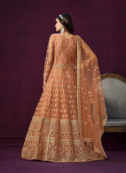 Orange color soft net long salwar suit with dupatta online