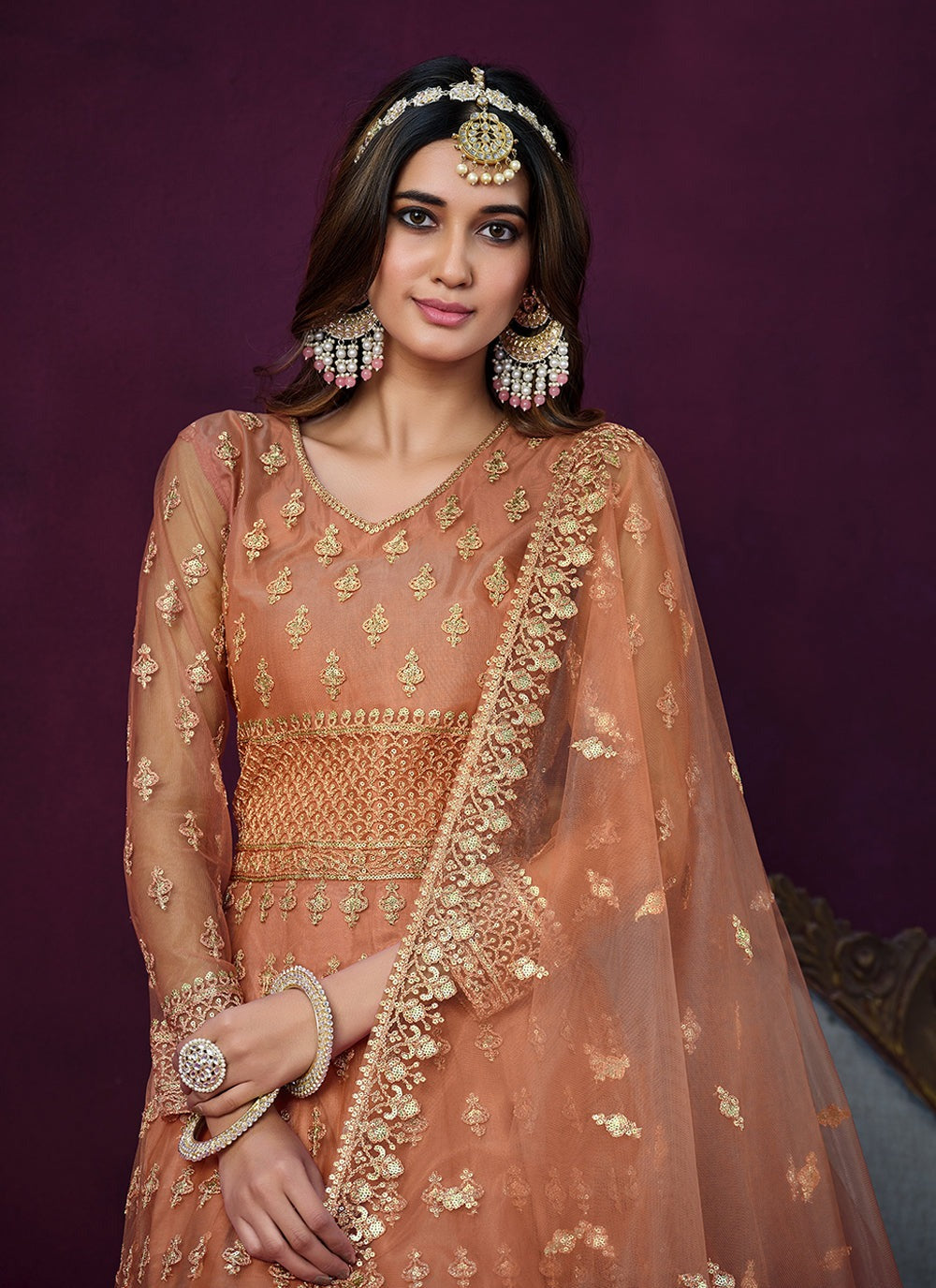 Orange color soft net long salwar suit for wedding wear online