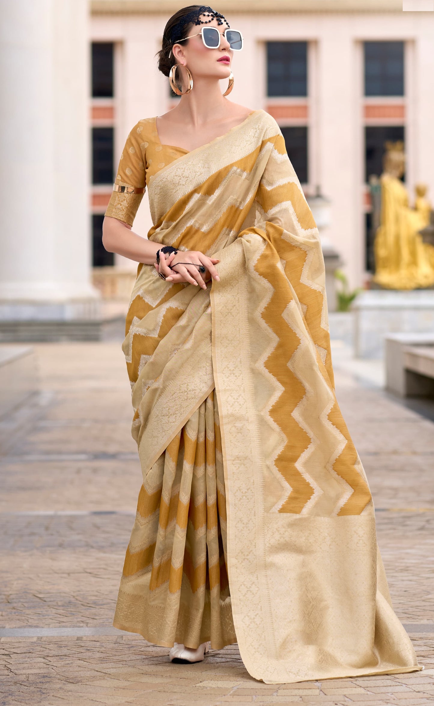 Mustard color cotton linen silk saree for women