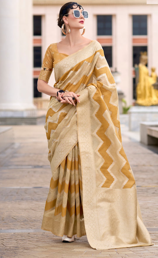 Mustard color cotton linen silk saree for women