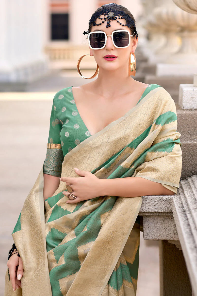 Green color cotton linen silk saree for women price