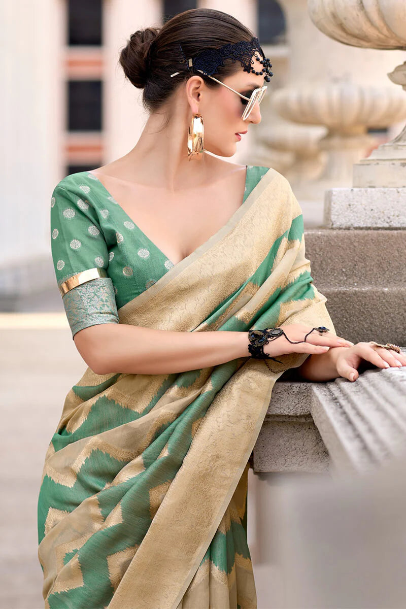 Green color cotton linen silk saree for women