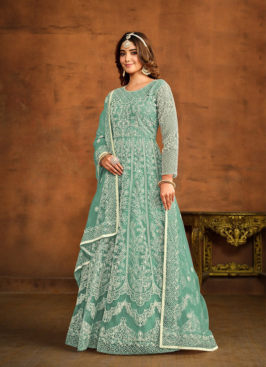 Green embroidery work gown with dupatta price