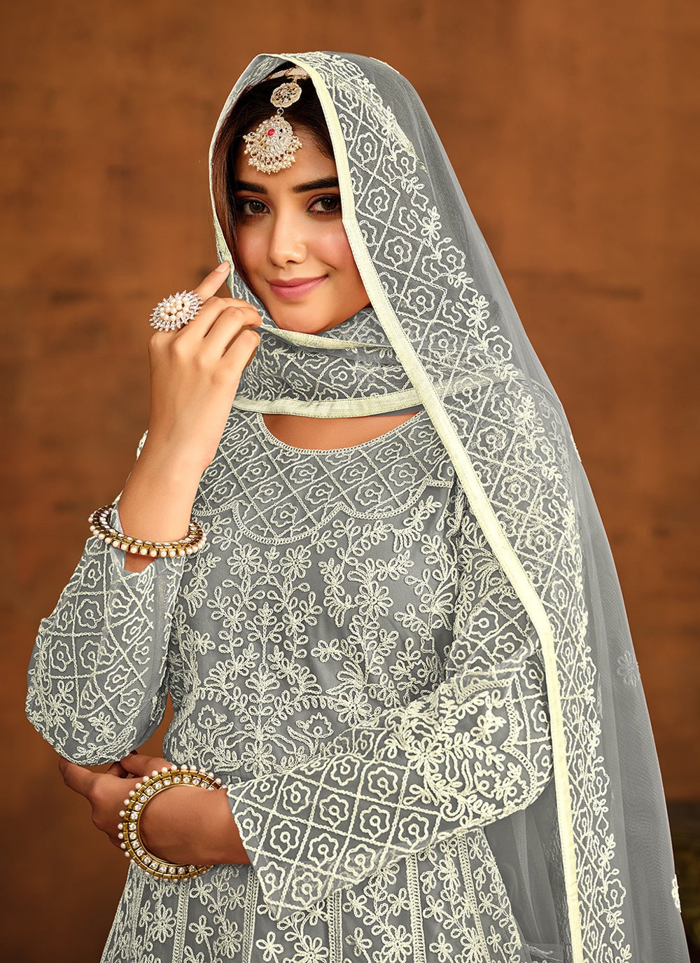 Grey Traditional gown with dupatta images
