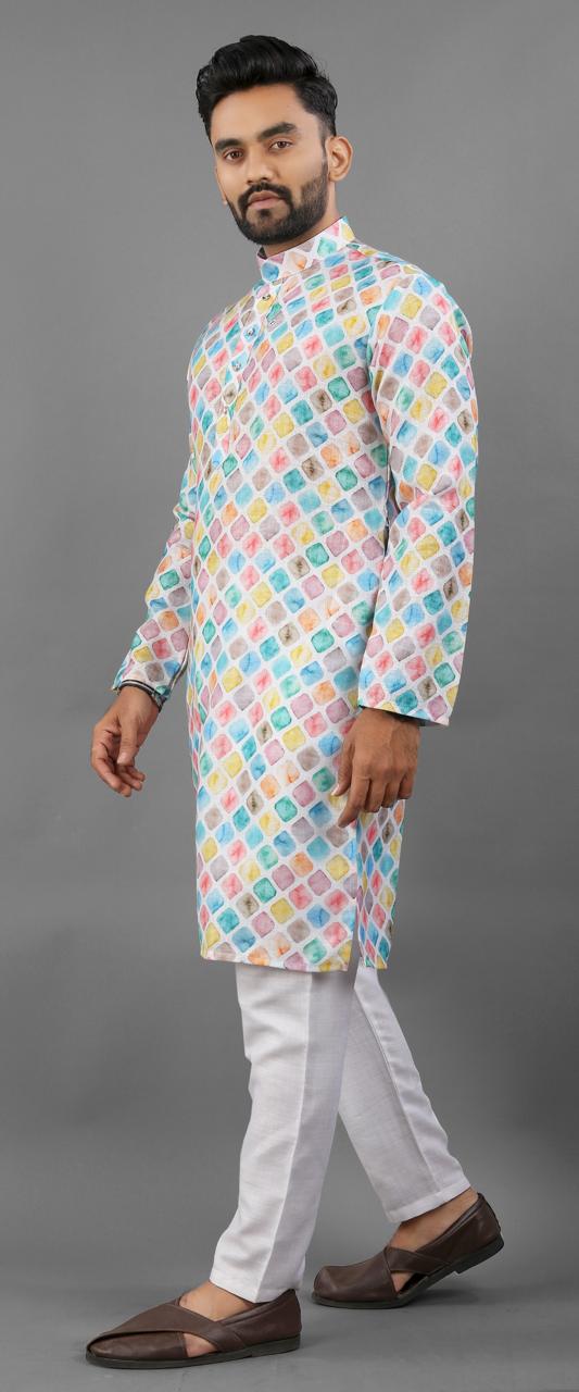 Multi color linen printed men's kurta for wedding